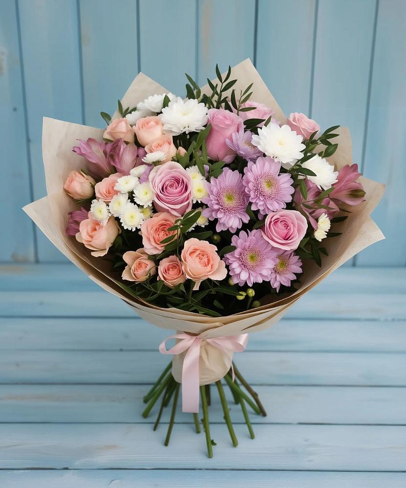 Букет цветов из: Хризантемы, Розы и Альстромерии в Новой Ляде