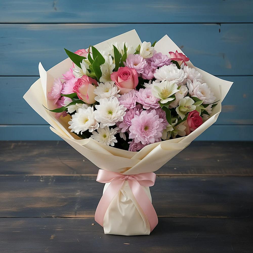 Букет цветов из: Хризантемы, Альстромерии и Розы в Новой Ляде